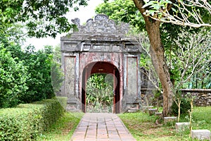 Ancient Gate in Cloister of Thien Mu Pagoda, Hue City, Vietnam