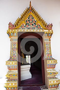 Ancient gate door entrance antique old ubosot church for thai people travelers travel visit respect praying buddha blessing holy