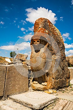 Ancient gate entrance with sphinx from the Hittite period in Alacahoyuk. Corum, Turkey