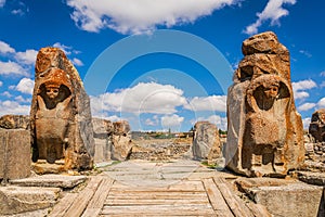 Ancient gate entrance with sphinx from the Hittite period in Alacahoyuk. Corum, Turkey