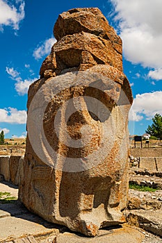 Ancient gate entrance with sphinx from the Hittite period in Alacahoyuk. Corum, Turkey