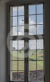 Ancient glass window with panoramic view