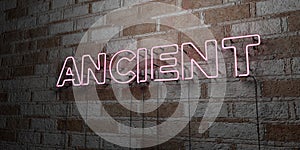 ANCIENT - Glowing Neon Sign on stonework wall - 3D rendered royalty free stock illustration