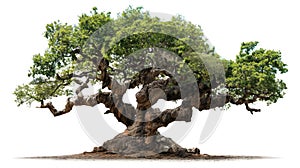 Ancient gnarled tree with a thick trunk and sprawling branches, lush green leaves, isolated against a white background