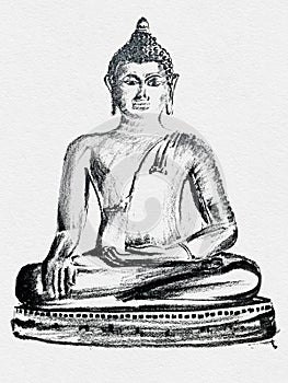 Ancient golden buddha Phra Sing ,Pencil sketch on paper art