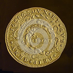 Ancient golden coin of republic of genoa italy