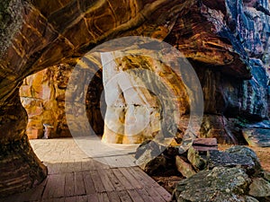 Ancient golden rock cabes at Bhimbetka in Madhya Pradesh, India. Historic place with wall paintings.