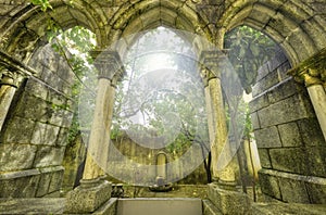 Ancient gothic arches in the myst. photo