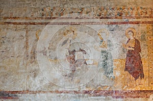 Ancient Gothic style religious frescoes on the walls of Euphrasian Basilica in Porec, UNESCO world heritage site, Croatia