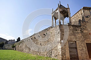 Ancient gothic walls with tower in Banyoles,Catalonia,Spain.