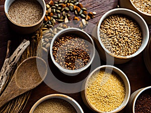 Ancient grains, nuts seeds health food in rustic low light setting. photo