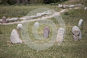 Ancient grave markers carved by Nestorian Christians near Burana Tower in Kyrgyzstan