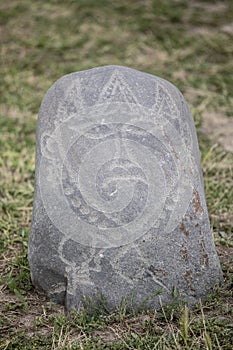Ancient grave markers carved by Nestorian Christians near Burana Tower in Kyrgyzstan