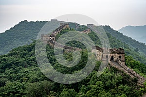 Ancient Great Wall of China between trees, surrounded with green plants