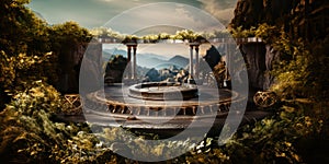 Ancient Greece, amphitheater podium, background with antique columns and mountains.. Generative AI