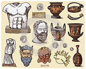 Ancient Greece, antique symbols Socrates head, laurel wreath, athena statue and satyr face with coins, amphora, vase