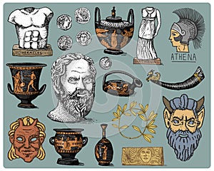 Ancient Greece, antique symbols Socrates head, laurel wreath, athena statue and satyr face with coins, amphora, vase