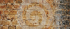 Ancient Greece, Egypt, Rome Wall. Worn Stone laying Old Brickwork Construction Textured Wallpaper Web Banner Interior