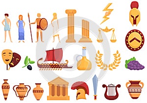 Ancient Greece icons set, cartoon style