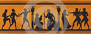 Ancient Greece mythology. Antic history black silhouettes of people and gods on pottery. Vector archeology pattern