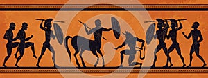 Ancient Greece scene. Historic mythology silhouettes with gods and centaurs, figures and pattern for ancient amphora