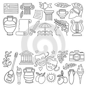 Ancient Greece Vector elements in doodle style for coloring pages Travel, history, music, food, wine