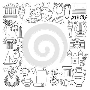 Ancient Greece Vector elements in doodle style for coloring pages Travel, history, music, food, wine