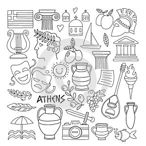 Ancient Greece Vector elements in doodle style for coloring pages Travel, history, music, food, wine