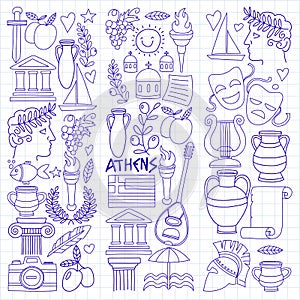 Ancient Greece Vector elements in doodle style Travel, history, music, food, wine
