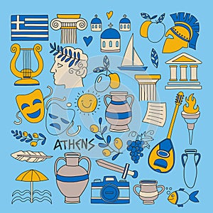 Ancient Greece Vector elements in doodle style Travel, history, music, food, wine