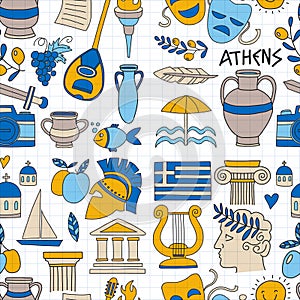 Ancient Greece Vector elements in doodle style Travel, history, music, food, wine