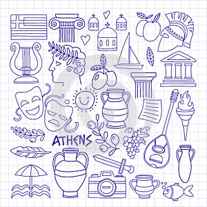 Ancient Greece Vector elements in doodle style Travel, history, music, food, wine