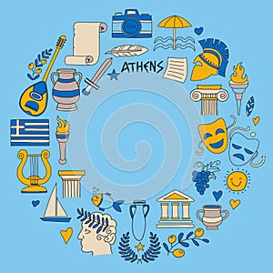 Ancient Greece Vector elements in doodle style Travel, history, music, food, wine