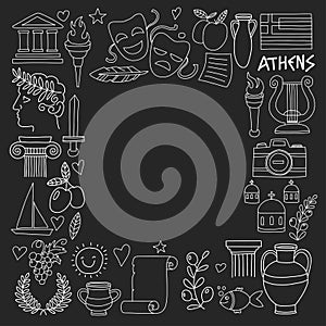 Ancient Greece Vector elements in doodle style Travel, history, music, food, wine