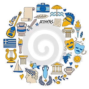 Ancient Greece Vector elements in doodle style Travel, history, music, food, wine