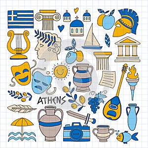 Ancient Greece Vector elements in doodle style Travel, history, music, food, wine