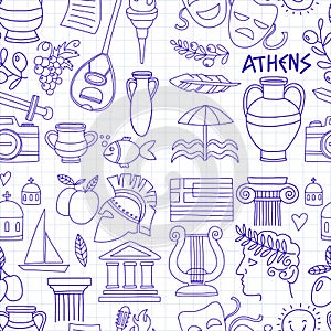 Ancient Greece Vector elements in doodle style Travel, history, music, food, wine