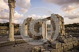Ancient Greek basilica and marble columns in Chersonesus Taurica.