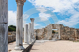 Ancient Greek basilica and marble columns in Chersonesus Taurica. Sevastopol, Crimea