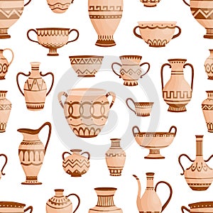 Ancient greek clay pots, vases and amphoras seamless pattern. Traditional antique ware decorated by Hellenic ornaments