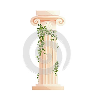 Ancient Greek column with ivy climbing branches. Roman pillar. Building design elements and decoration. Cartoon vector
