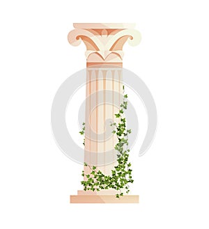 Ancient Greek column with ivy climbing branches. Roman pillar. Building design elements and decoration. Cartoon vector