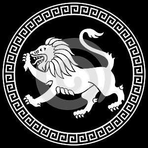 Ancient Greek design. The image of a lion in the ancient Greek style on the shield of a warrior