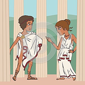 Ancient greek girl and boy at temple