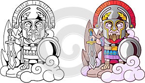 Ancient greek god ares with sword in hand, funny illustration coloring book