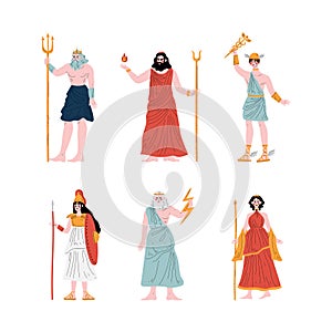 Ancient Greek God with Poseidon, Hades, Hermes, Athena, Zeus and Gera Vector Set