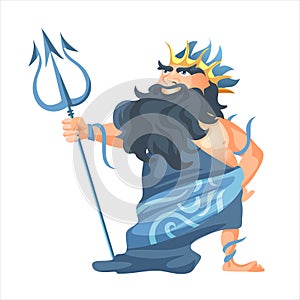 Ancient Greek god of sea and waters Poseidon, vector man in crown with gold trident religion and myth. Greece traditions