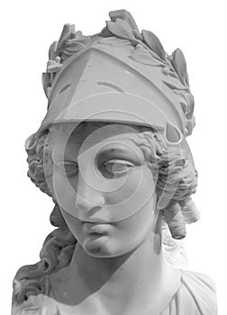 Ancient Greek goddess Athena Pallas statue isolated on white. Marble woman head in helmet sculpture.