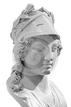 Ancient Greek goddess Athena Pallas statue isolated on white. Marble woman head in helmet sculpture. photo