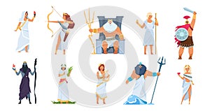Ancient Greek gods. Cartoon cute legendary characters of ancient mythology, Vector male and female heroes isolated on photo